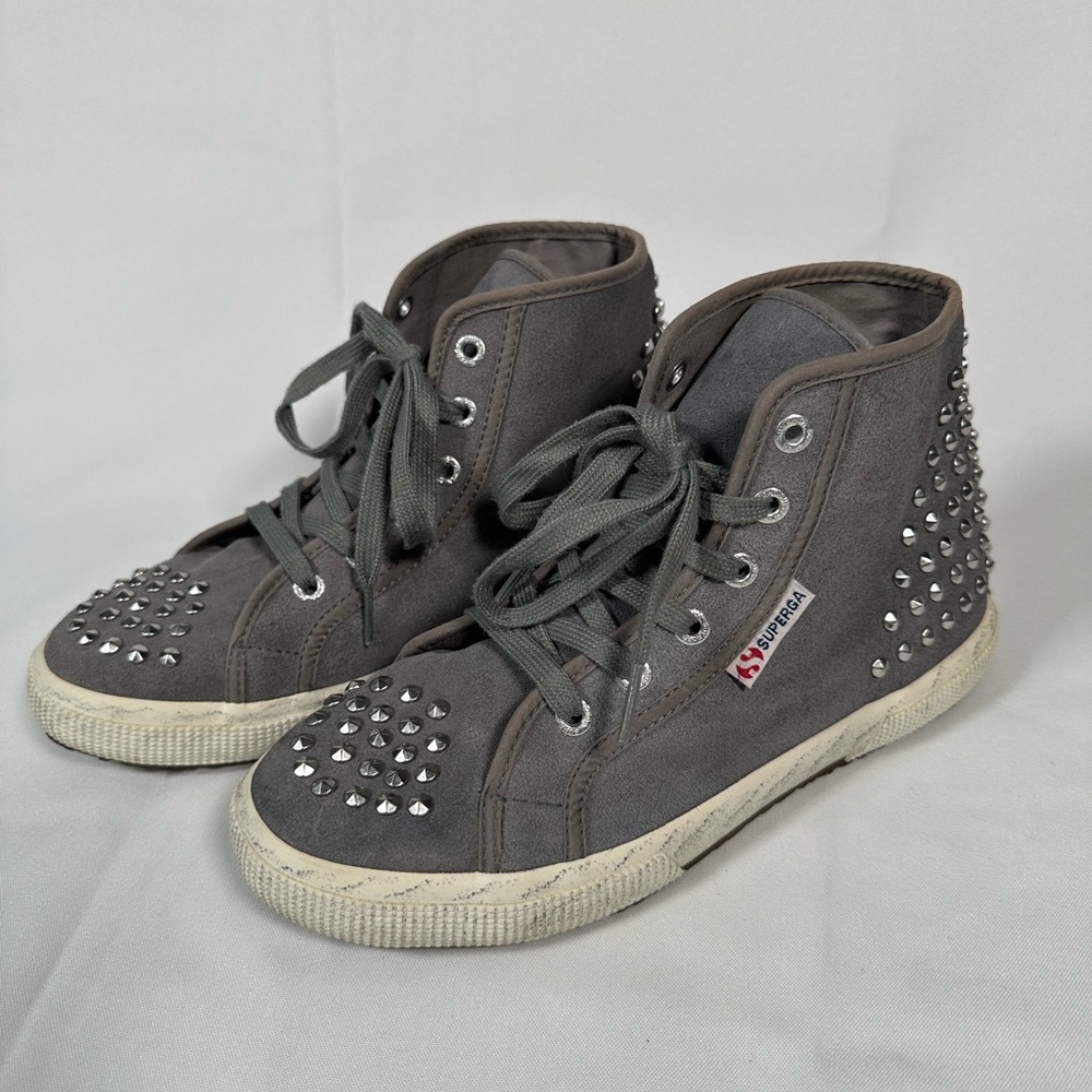 Superga Gray Suede Leather With Silver Studs, Grunge Black Smudged Sole